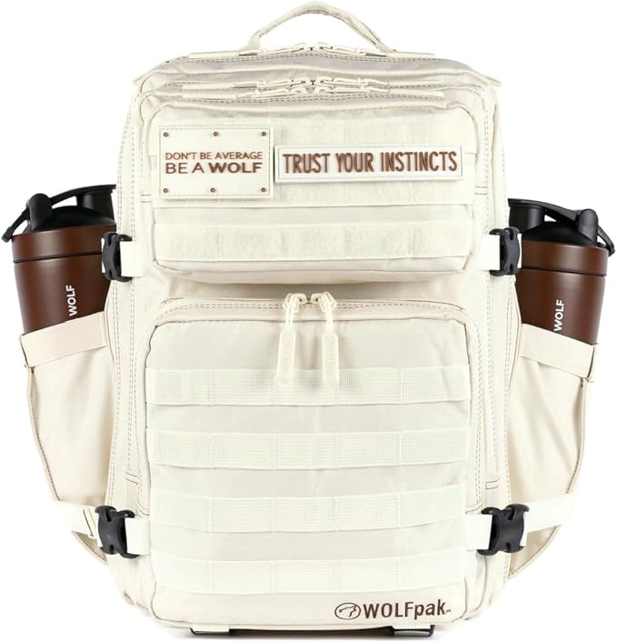 WOLFpak 35L Athletic Gym Backpack - Durable 1000D Waterproof Oxford Material with MOLLE Webbing, Laptop Pocket & Dual Cup Holders, Durable Fitness/Travel/Military Daypack (Vanilla)