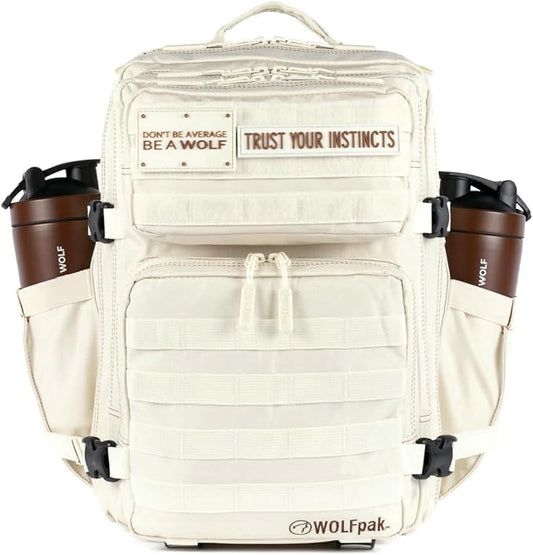 WOLFpak 35L Athletic Gym Backpack - Durable 1000D Waterproof Oxford Material with MOLLE Webbing, Laptop Pocket & Dual Cup Holders, Durable Fitness/Travel/Military Daypack (Vanilla)