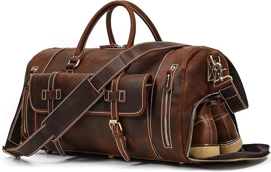 Leather Duffel Bags for Men and Women, 20 Inch Full Grain Leather Travel Overnight Weekend Bags, 9802 Brown