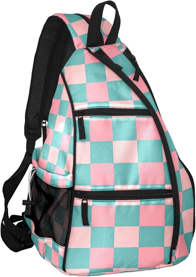 Pickleball Bag Pink Teal Checkered Pickle Ball Backpack for Women Men Premium Lightweight Crossbody Sling Bag Sports Backpack for Pickleball Paddle Tennis