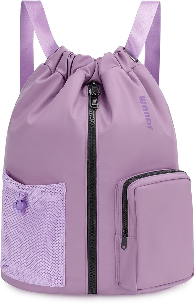 WANDF Drawstring Backpack Sports Gym Bag with Shoes Compartment, Water-Resistant String Beach Sackpack Swim Bag for Women and Men (Lilac Purple) | Water-Resistant, Swim Bag