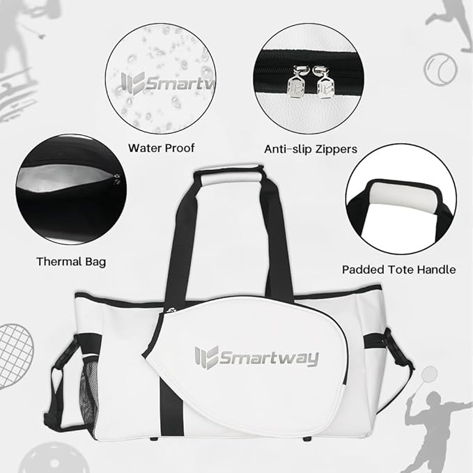 Pickleball Bag, Litchi-Texture PU Leather Sports Tote, Adjustable Crossbody Strap, Waterproof Large-Capacity for Men Women