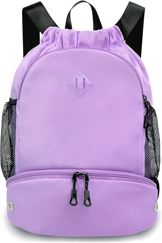 Drawstring Backpack Gym Backpack with Shoe Compartment for Men Women String Sports Bag with Wet Pocket Cinch Swim Beach Bag, Purple (Patent Pending)