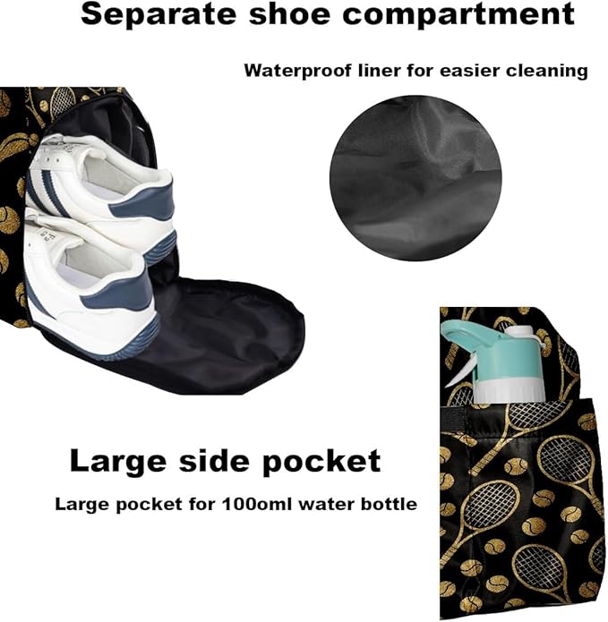 Luxury Racket Black Gym Bag for Women & Tennis Bag, Large Sports Duffel Bag Waterproof with Ventilated Shoe Compartment & Front Racket Sleeve, Lightweight Travel Weekender Overnight Bag