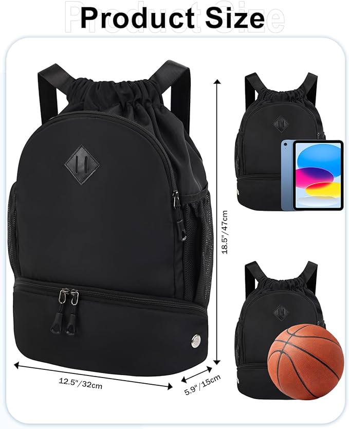 Drawstring Backpack Gym Backpack with Shoe Compartment for Men Women String Sports Bag with Wet Pocket Cinch Swim Beach Bag, Black (Patent Pending)