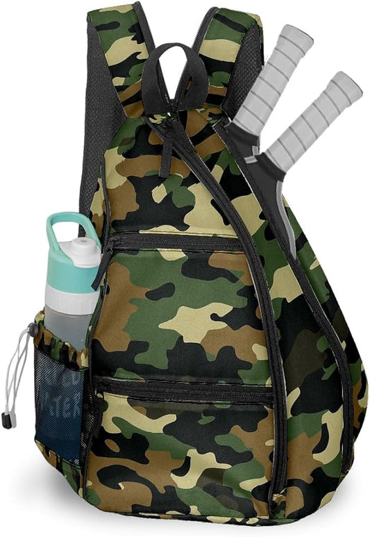 Pickleball Bag Camouflage Green Pickle Ball Backpack for Women Men Premium Lightweight Crossbody Sling Bag Sports Backpack for Pickleball Paddle Tennis