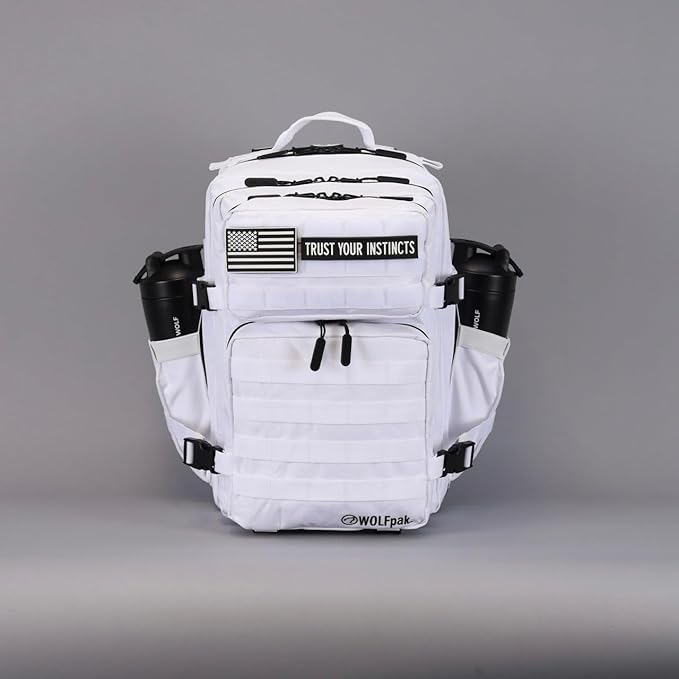 WOLFpak 35L Athletic Gym Backpack - Durable 1000D Waterproof Oxford Material with MOLLE Webbing, Laptop Pocket & Dual Cup Holders, Durable Fitness/Travel/Military Daypack (Polar White)