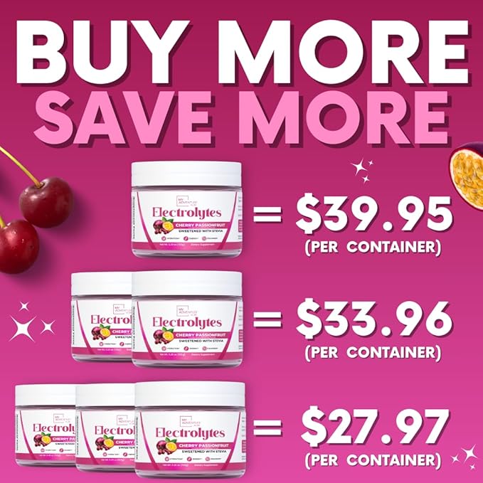 Zero Sugar - Cherry Passionfruit Electrolytes Powder - Refreshing Hydration - Caffeine Free Energy with All Natural Ingredients - Vegan, Keto, Paleo - Sugar Free Electrolytes Drink Mix - 30 Servings