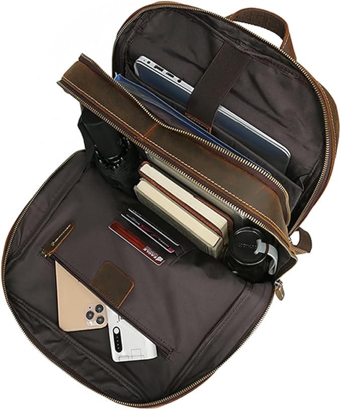 LANNSYNE Vintage Genuine Leather 16" Laptop Backpack For Men Hiking Travel Bag Camping Rucksack