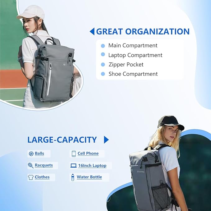 Pickleball Bag, Tennis & Badminton Sports Racket Backpack, Waterproof Large Capacity Sports Backpack with Shoe Compartment for Women Men