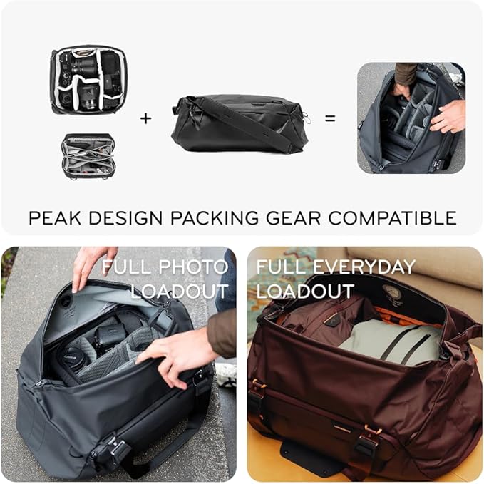 Peak Design Travel Duffel, Extra-Wide Single Zip Access, Weatherproof Shell, 4 External Pockets, Fits Packing Cubes & Camera Cubes, Ideal for Weekend Trips, Versatile Duffel Bag for Travel