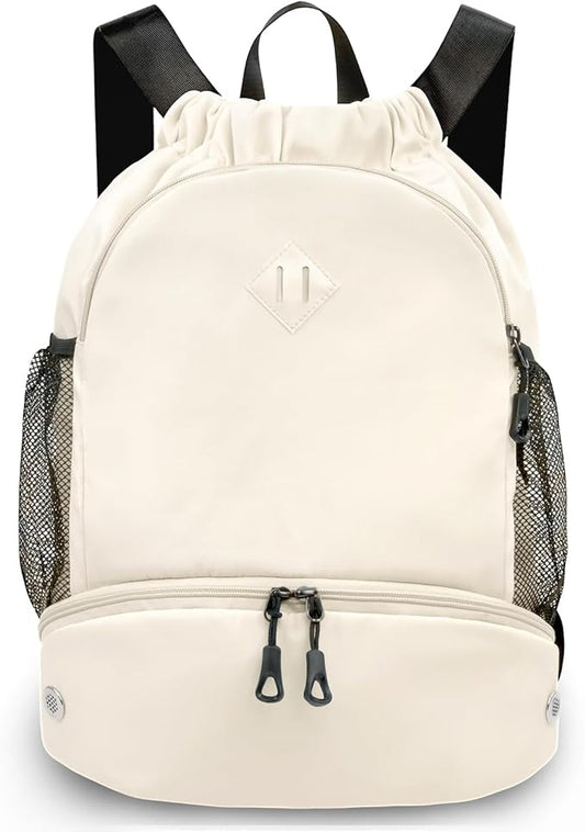 Drawstring Backpack Gym Backpack with Shoe Compartment for Men Women String Sports Bag with Wet Pocket Cinch Swim Beach Bag, Beige (Patent Pending)