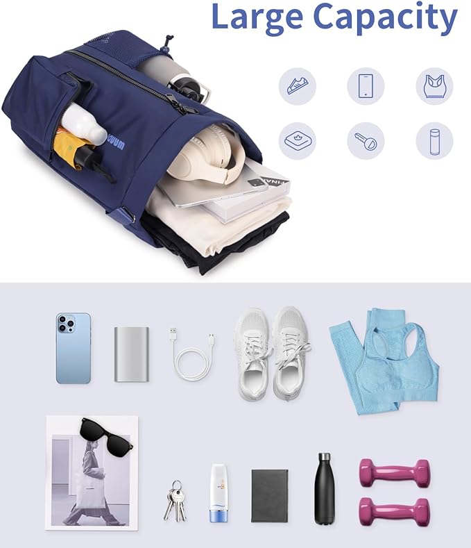 WANDF Drawstring Backpack Sports Gym Bag with Shoes Compartment, Water-Resistant String Beach Sackpack Swim Bag for Women and Men (Navy Blue)