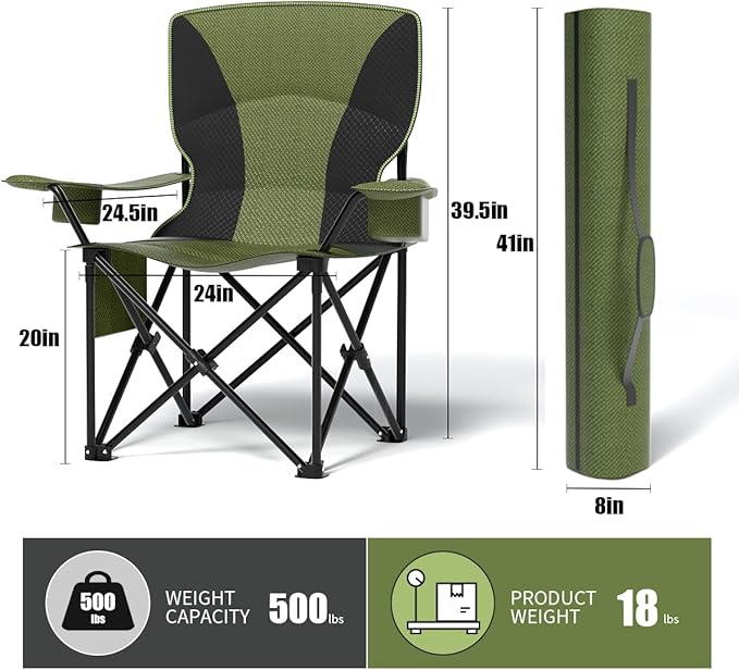 Heavy Duty Folding Chair 500LB Capacity, Oversized Camping Chairs with Cup Holder, Cooler Bag & Storage Pouch, Double-Layer Fabric, Outdoor Chairs for Sports, Lawn Chairs (2, Black Green, Oversized)