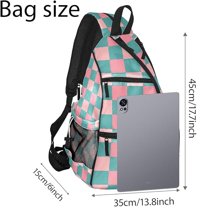 Pickleball Bag Pink Teal Checkered Pickle Ball Backpack for Women Men Premium Lightweight Crossbody Sling Bag Sports Backpack for Pickleball Paddle Tennis