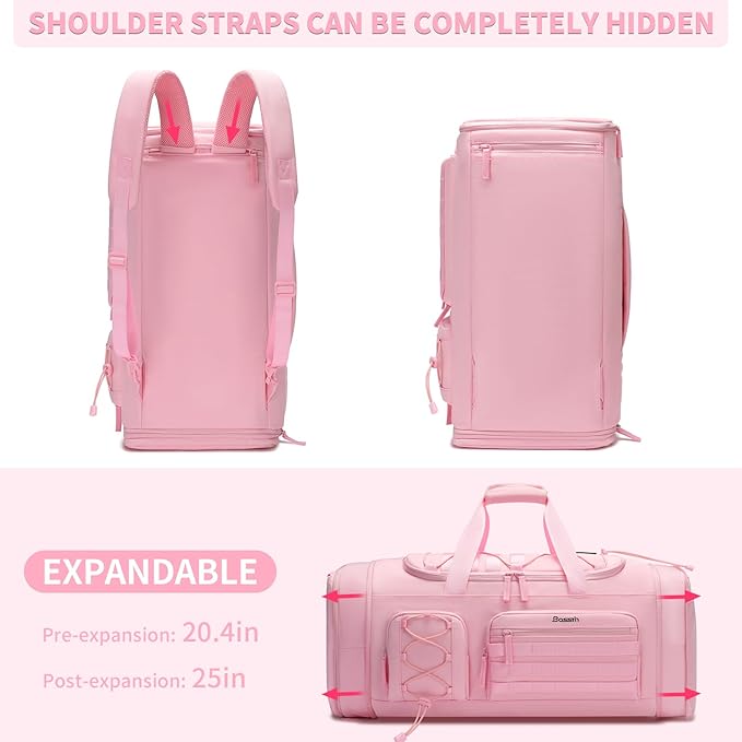 Bosstin Gym Bag for Women & Men,45L Travel Duffle Sports Duffel Bag Gym Weekender Overnight Backpack with Shoe Compartment (3PINK)