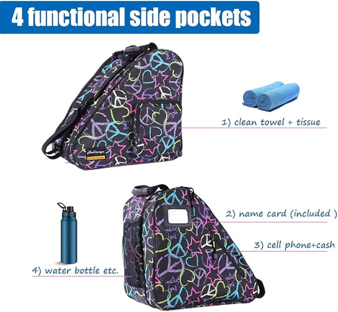 Holisogn Ice, Figure, Inline and Roller Skate Bag, Premium and Fashion Bags for child, kids, teenager, adult (Peace & Love Black HLS002)