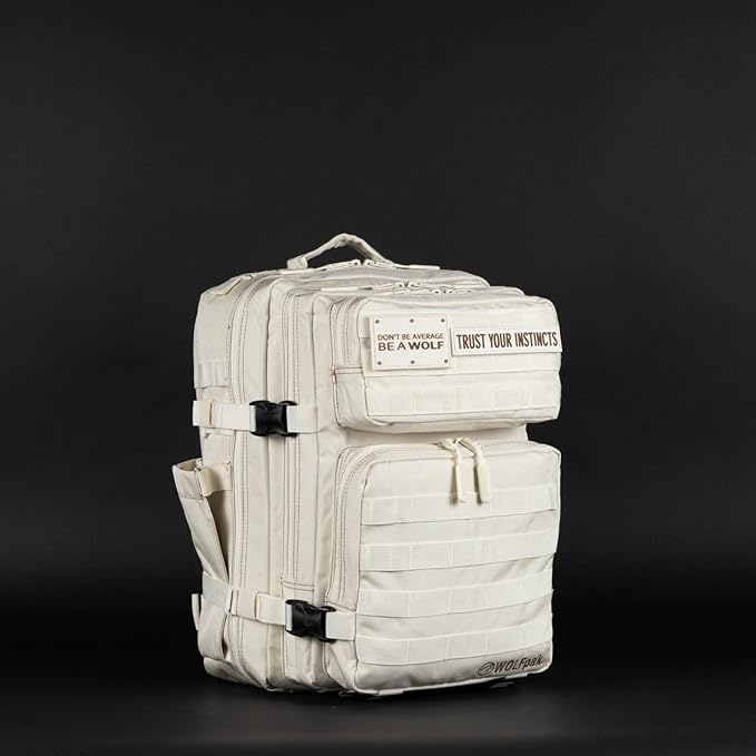 WOLFpak 35L Athletic Gym Backpack - Durable 1000D Waterproof Oxford Material with MOLLE Webbing, Laptop Pocket & Dual Cup Holders, Durable Fitness/Travel/Military Daypack (Vanilla)