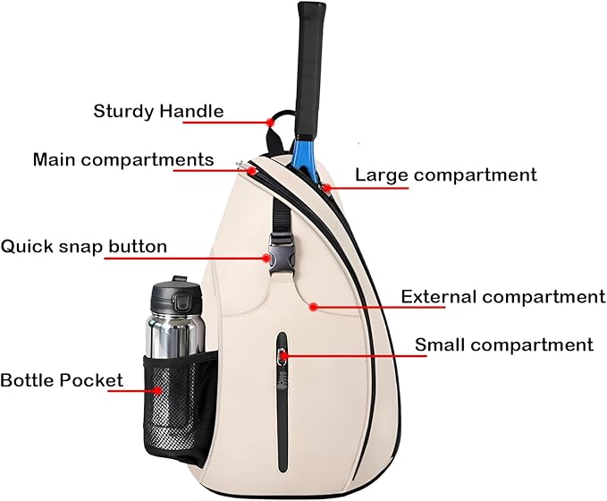 Beige Pickleball Sling Bag - Lightweight Crossbody Design Holds 2 Paddles & 6 Balls - Ventilated Water Bottle Holder, Multiple Compartments - Fit for Drills, Casual Play & Travel