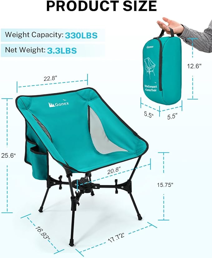 Gonex Portable Camping Chair, The 5th Gen Ultralight Compact Backpacking Foldable Lightweight Folding Chair for Outdoor Camp Hiking Beach Picnic Concert, Supports 330lbs (Lake Green, 2 PCS)