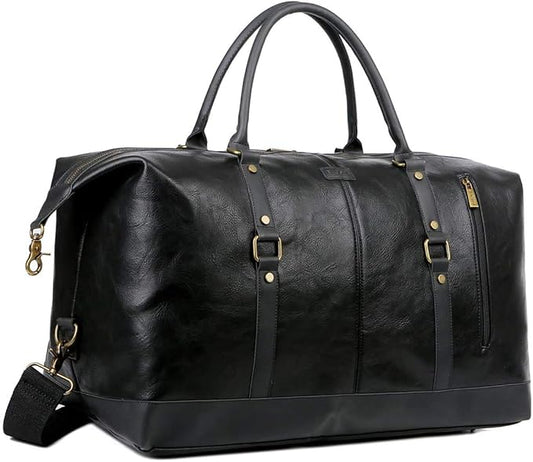 BAOSHA Faux Leather Travel Duffel Tote Bag Overnight Weekender Bag for Men and Women HB-14 (Black)