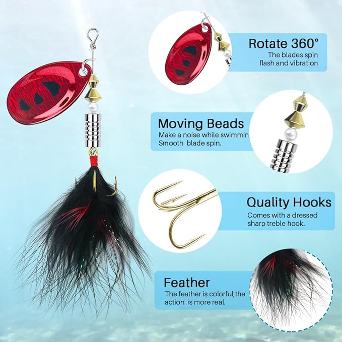 FouceClaus 10pcs Spinner Lures Baits with Tackle Box, Bass Trout Salmon Hard Metal Rooster Tail Fishing Lures Kit