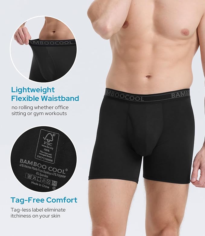 BAMBOO COOL Men's Underwear Breathable Boxer Briefs with Fly Moisture-Wicking Lightweight Underwear 7-Pack