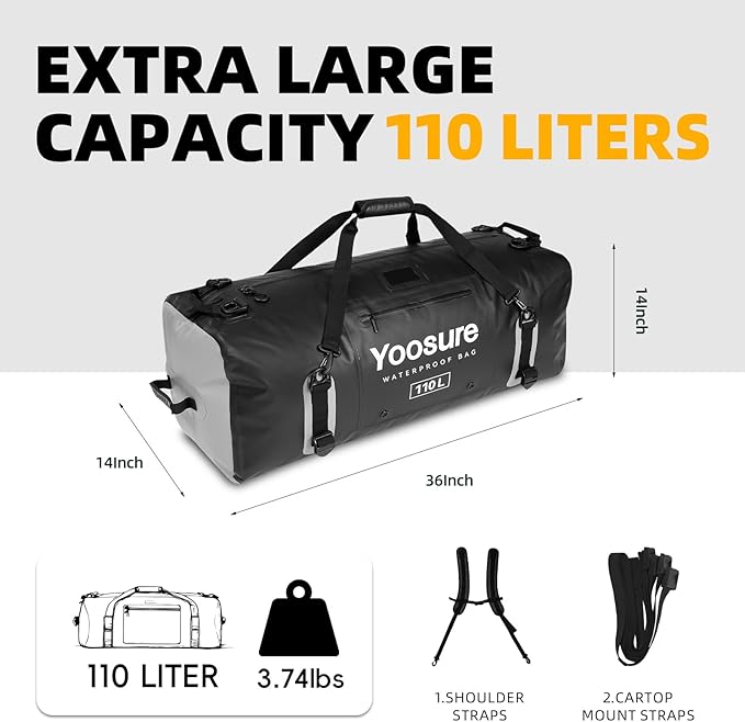 110L Waterproof Duffel Bag 35IN - Airtight Zipper Dry Bags, Extra Large Dry Bag with Straps&Handles for Camping Boating Kayaking Rafting Canoeing Gym Beach Car Roof Storage (Black)