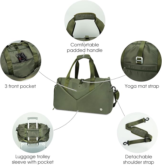 Ceneda 20" Gym Bag for Women with Wet Pocket & Shoe Compartment, Lightweight Duffel Waterproof Carry On Duffle for Travel, Yoga, Overnight (Green)