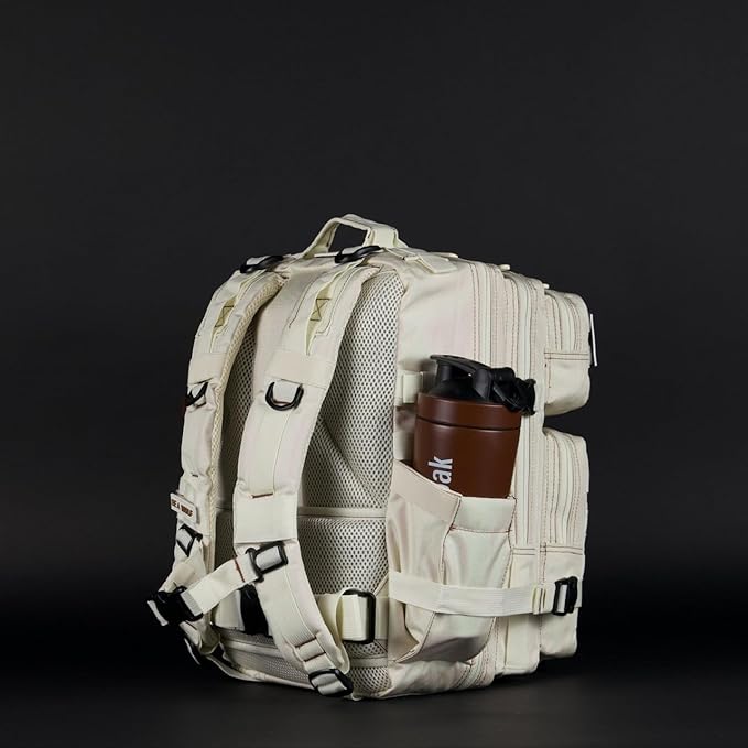 WOLFpak 35L Athletic Gym Backpack - Durable 1000D Waterproof Oxford Material with MOLLE Webbing, Laptop Pocket & Dual Cup Holders, Durable Fitness/Travel/Military Daypack (Vanilla)