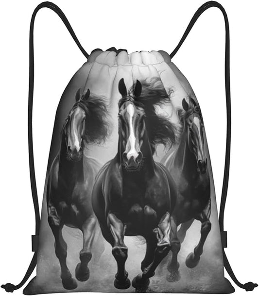 Black And White Horses Pattern Drawstring Backpack Bag - Sports Gym Sack For Women Men