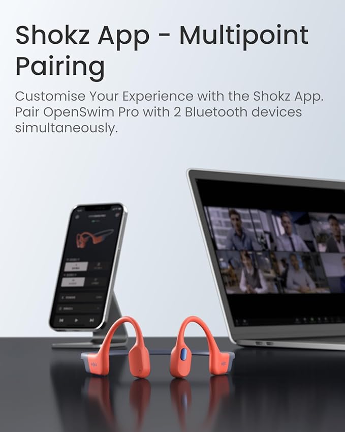 SHOKZ OpenSwim Pro - Open-Ear Bluetooth & MP3 Bone Conduction Sport Headphones, Swimming Headphones, IP68 Waterproof, Red