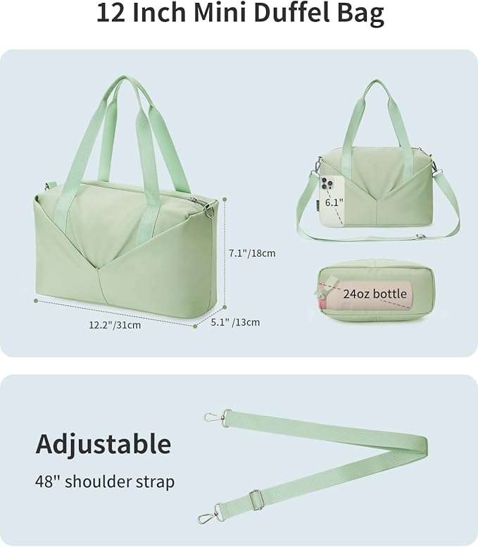 Ceneda Small Gym Bag for Women, 12 inch Mini Gym Bag with Wet Pocket, Lightweight Tote for Gym, Sport, Workout - Green