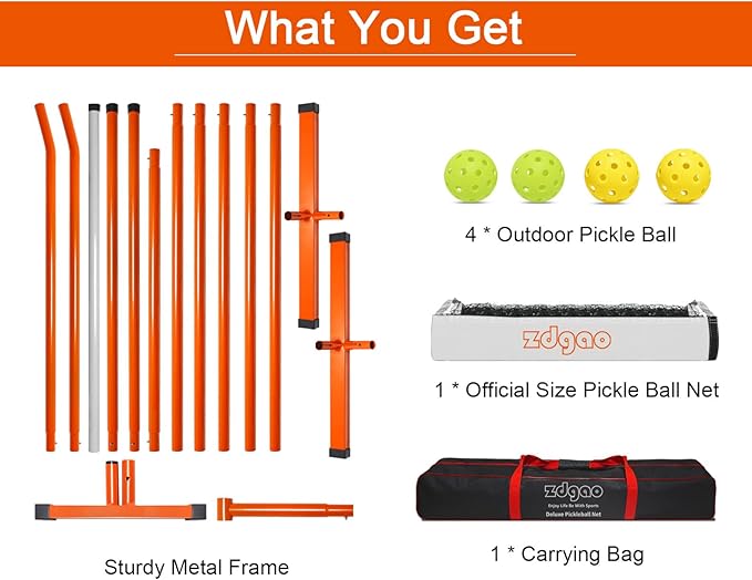 Zdgao Pickleball Net for Driveway with 22FT Regulation Size Pickleball Net, 4 Outdoor Pickleballs and Carry Bag, Weather Resistance Strong Steel Frame