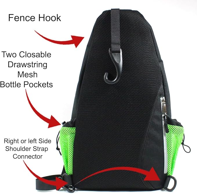 Pickleball Sling Bag - Premium Crossbody with Fence Hook, Water Bottle Pockets, Adjustable Strap & Embroidered Mr. Dill - Fits 2+ Paddles