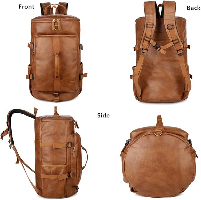 Baosha Stylish Vegan Leather Men Weekender Travel Duffel Tote Bag Backpack Travel Hiking Rucksack Overnight Bag 3-Ways Convertible HB-26 (Brown)