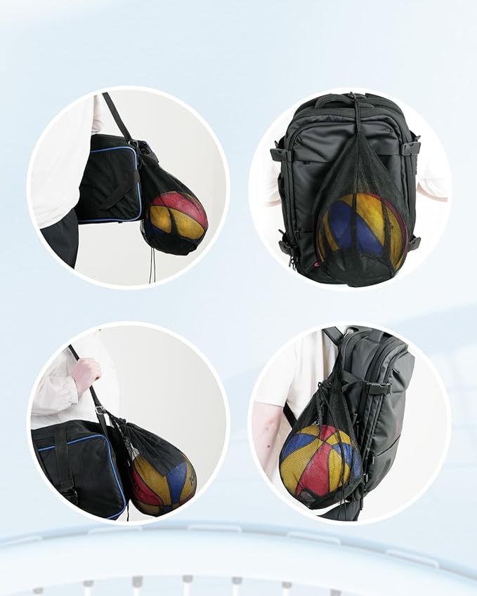 2Pcs Single Mesh Ball Bag for Basketball Soccer & Volleyball, Lightweight Net Storage with Zipper Pocket for Sports, Portable Drawstring Bags with Hanging Clip for Men, Women & Athletes, Black