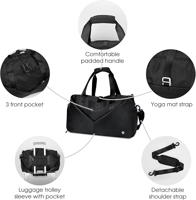 Ceneda 20" Gym Bag for Women with Wet Pocket & Shoe Compartment, Lightweight Duffel Waterproof Carry On Duffle for Travel, Yoga, Overnight (Black)