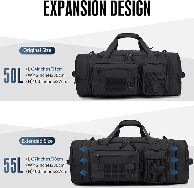 3 in 1 Tactical Gym Bag Backpack for Men 50-55L Expandable Travel Duffle Bag for Women Military Sport Duffel Bags Weekend Overnight with Shoe Compartment & Wet Pocket for Fitness, Black