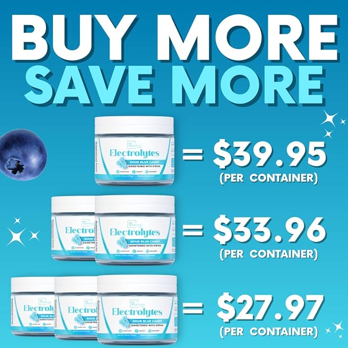 Zero Sugar - Sour Blue Candy Electrolytes Powder - Refreshing Hydration - Caffeine Free Energy - All Natural Ingredients - Vegan, Keto & Paleo - Sugar Free Electrolyte Powder Drink Mix - 30 Servings