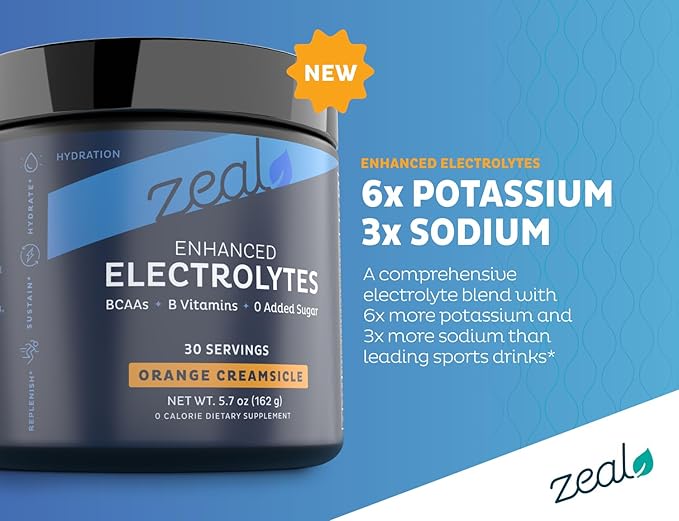 Zeal Electrolyte Powder - 30 Servings | Keto Electrolytes Powder | Zero Sugar, BCAAs, B-Vitamins | Potassium, Zinc, Magnesium | Hydration Powder Recovery Drink | Orange Creamsicle