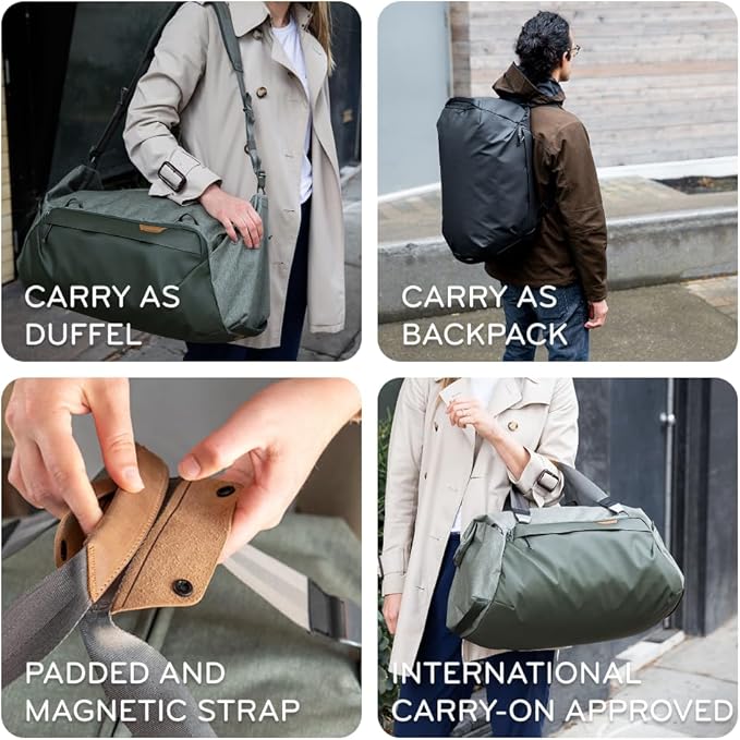 Peak Design Travel Duffel, Extra-Wide Single Zip Access, Weatherproof Shell, 4 External Pockets, Fits Packing Cubes & Camera Cubes, Ideal for Weekend Trips, Versatile Duffel Bag for Travel