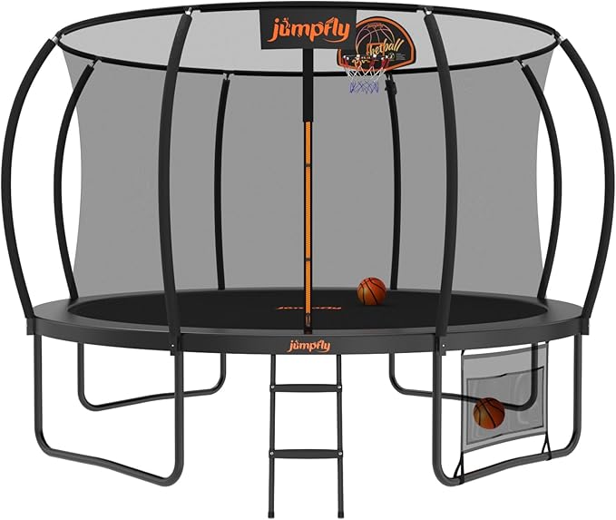 jumpfly Tranpoline 8/10/12/14/15/16FT Tranpoline Outdoor for Kids and Adults Recreational Tranpolines with Basketball Hoop, Anti-Rust Ladder, ASTM Approved