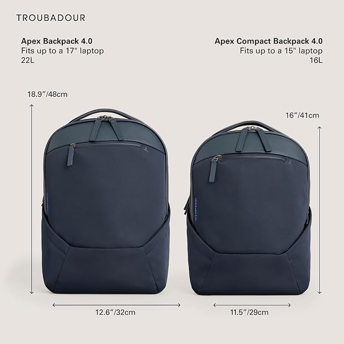 Troubadour Apex 4.0 Compact - 16L Premium Laptop Backpack - Ergonomic & Water Resistant - Designed for Work and Travel - Ink Blue