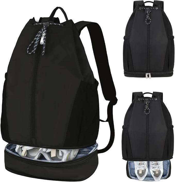 mygreen Gym Drawstring Backpack with Shoe Compartment – Waterproof Sports Bag, Lightweight & Breathable for Gym, Travel, Yoga | Large Capacity, Foldable Design Black