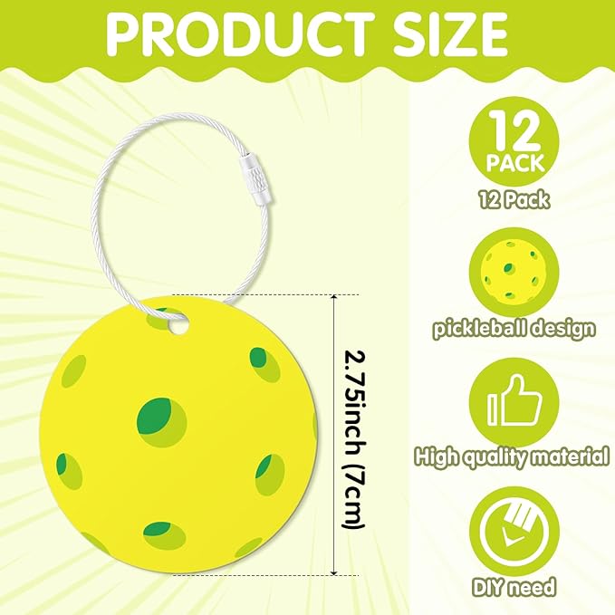 12PCs Pickleball Luggage Tags for Travel Suitcases Labels with Metal Ring 2.75in Pickleball Keychain PVC Name Id Card and DIY Pocket Hug Card, Backpack Charms for Men Women Travel Bag Suitcase