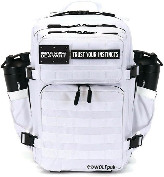 WOLFpak 35L Athletic Gym Backpack - Durable 1000D Waterproof Oxford Material with MOLLE Webbing, Laptop Pocket & Dual Cup Holders, Durable Fitness/Travel/Military Daypack (Polar White)