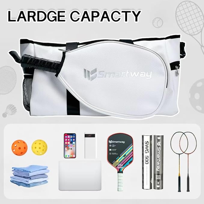 Pickleball Bag, Litchi-Texture PU Leather Sports Tote, Adjustable Crossbody Strap, Waterproof Large-Capacity for Men Women