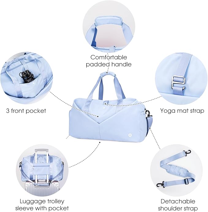 Ceneda 20" Gym Bag for Women with Wet Pocket & Shoe Compartment, Lightweight Duffel Waterproof Carry On Duffle for Travel, Yoga, Overnight (Light Blue)