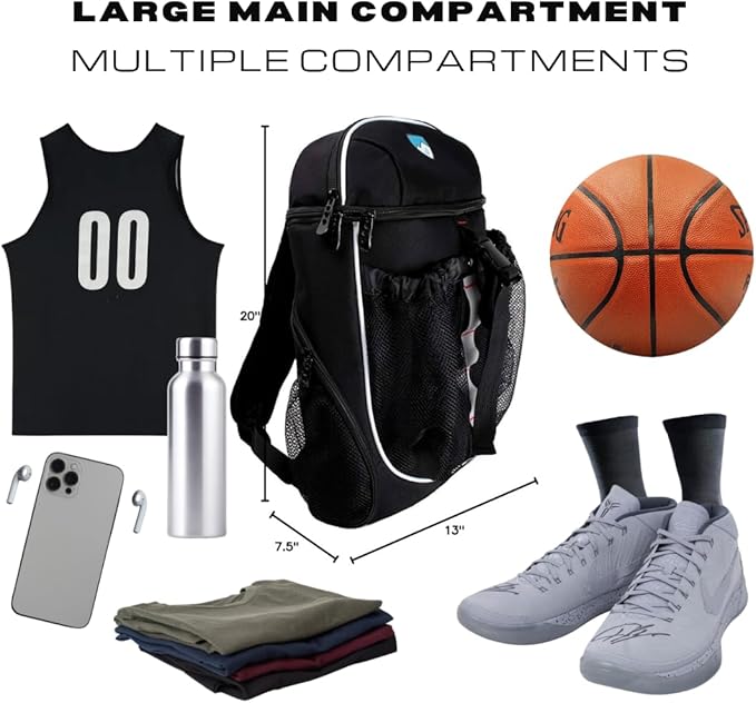 Hard Work Sports Basketball Backpack with Ball Compartment Spacious Shoe Storage for Basketball, Large Sports Bag